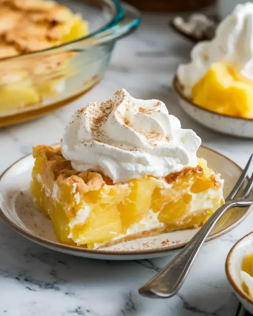 Pineapple casserole dessert topped with whipped cream and cinnamon on a marble counter.