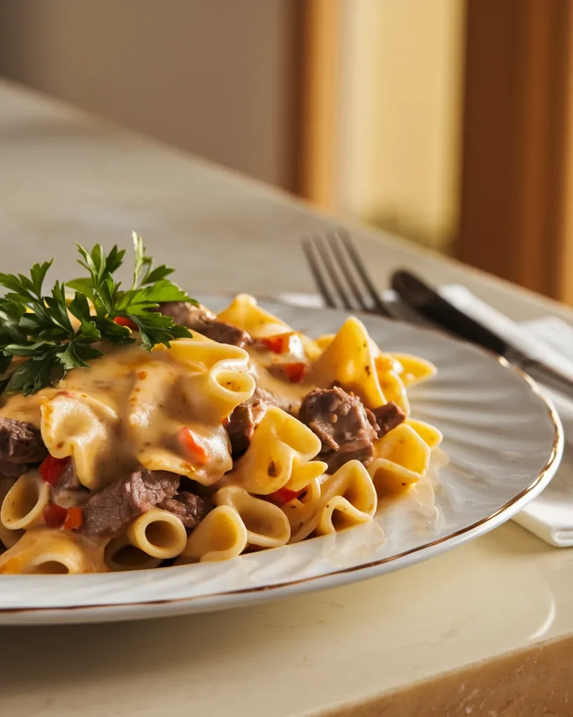 A plate of Philly Cheesesteak Pasta with steak, peppers, and cheese, garnished with parsley and served fresh.