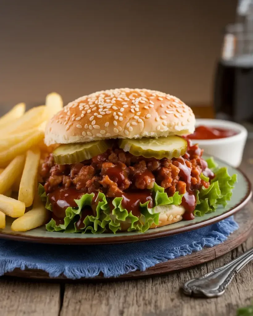 A plated Big Mac Sloppy Joe with pickles, lettuce, and sauce, served with fries and a dipping bowl on a wooden table.