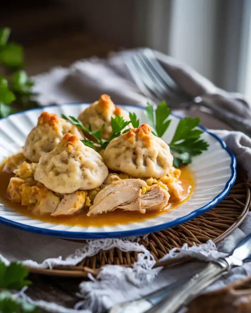 A serving of Chicken and Dumpling Casserole on a white plate, topped with golden dumplings and garnished with fresh parsley.