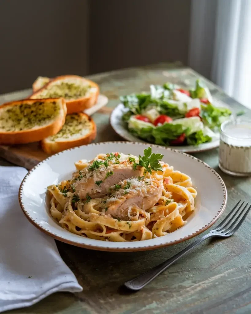 Garlic Parmesan Chicken Pasta with salad and garlic bread.