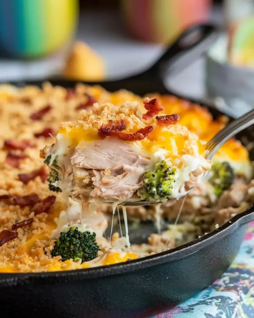 Million Dollar Chicken Casserole with broccoli and bacon topping.