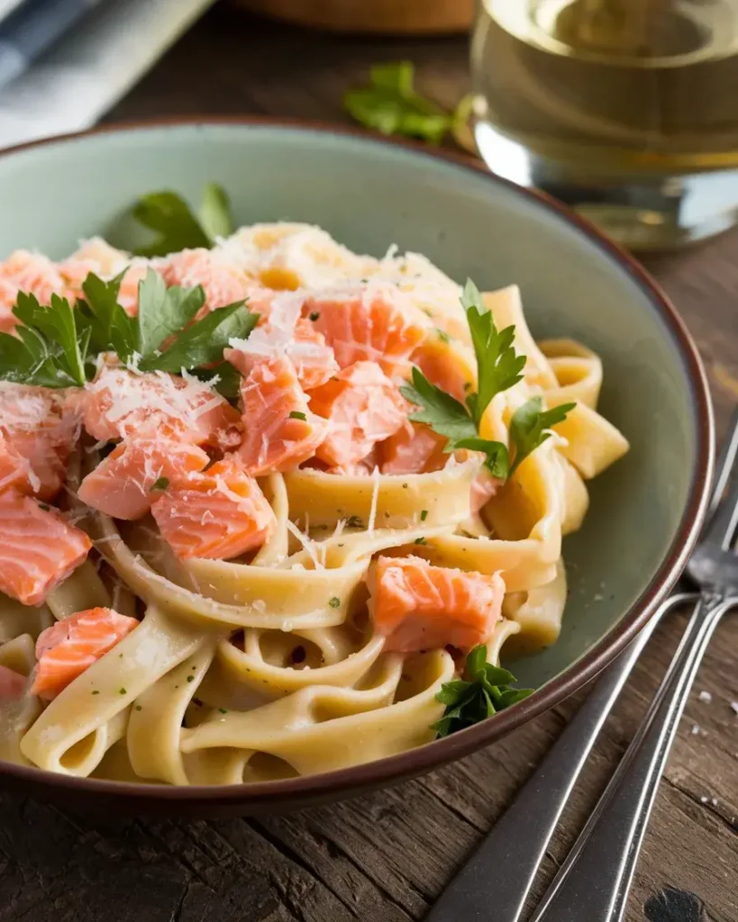 A bowl of Salmon Alfredo Pasta topped with fresh parsley, Parmesan cheese, and flaky salmon on a rustic wooden table.