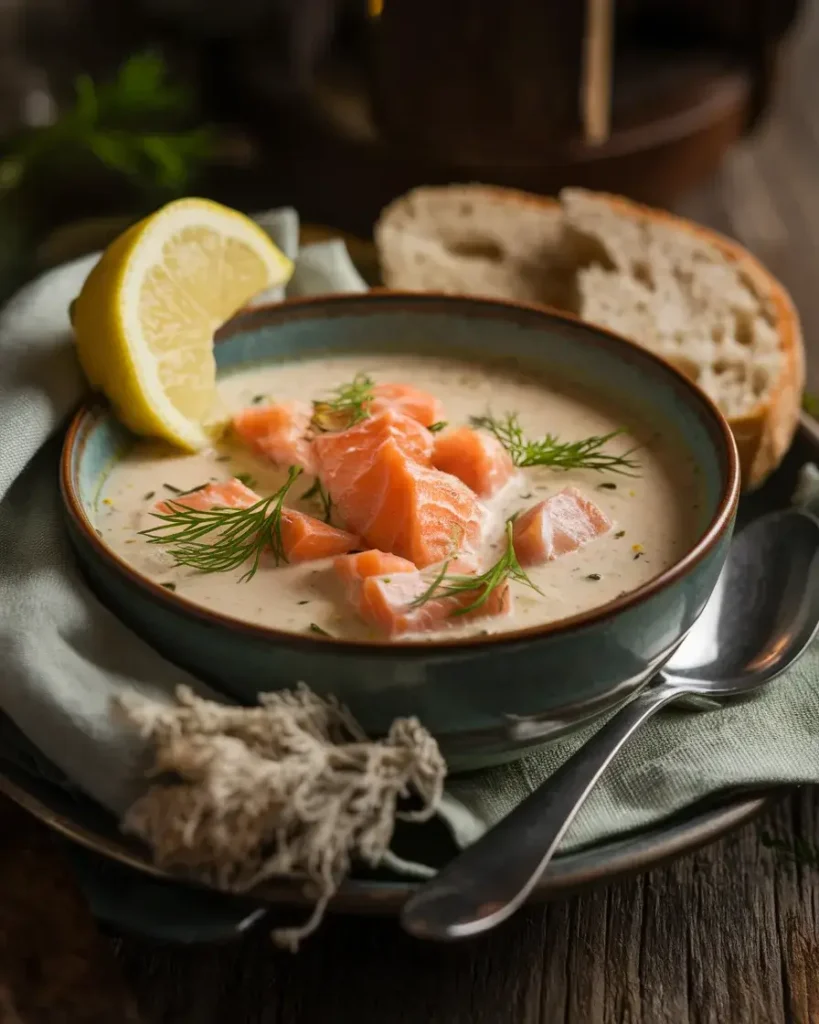 A bowl of Salmon Soup in 30 Minutes with creamy broth, fresh dill garnish, and a lemon wedge, served on a wooden table.