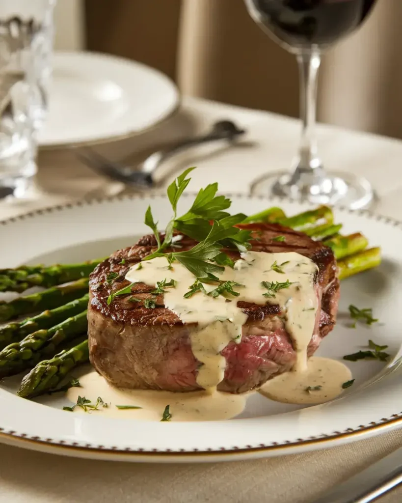 A plate of Steak Gorgonzola with sauce, parsley garnish, and roasted asparagus on a dining table.