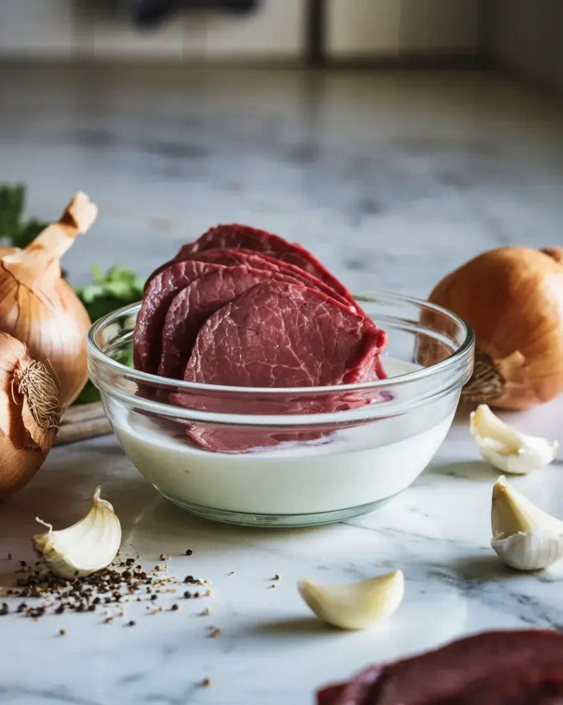 Sliced beef liver soaking in buttermilk with fresh onions and seasonings.