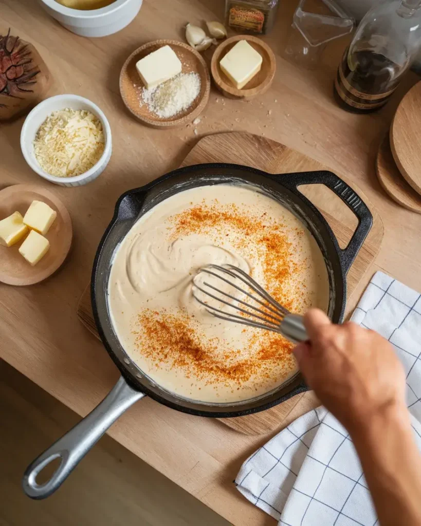 Cajun Alfredo sauce preparation in a skillet with Parmesan, butter, and Cajun seasoning.