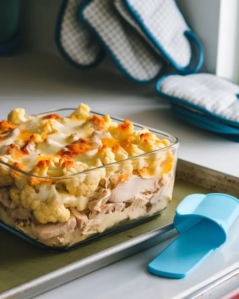 A baking dish filled with roasted cauliflower, chicken, and cheese sauce, ready to bake.