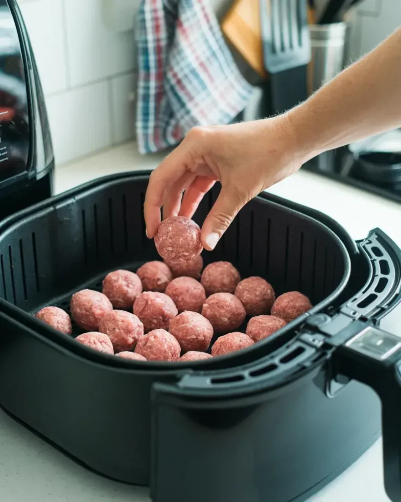 Frozen meatballs arranged in an air fryer basket, ready for cooking.