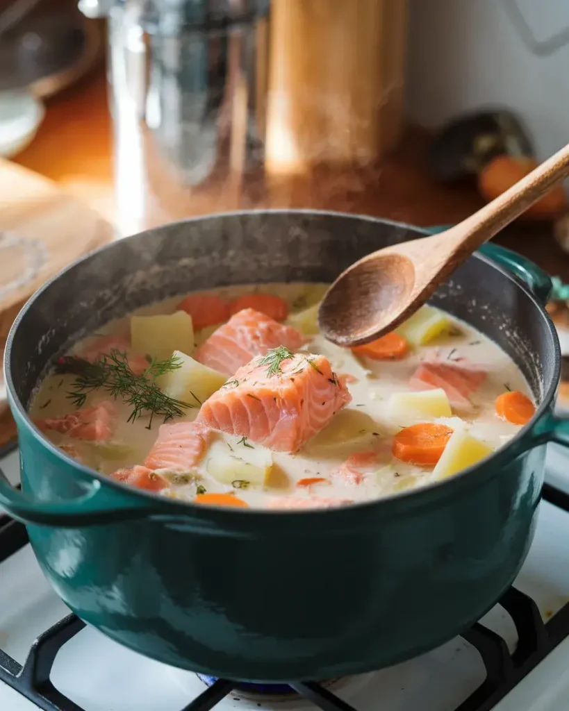 A pot of Salmon Soup in 30 Minutes with creamy broth, salmon, potatoes, and carrots, being stirred with a wooden spoon.