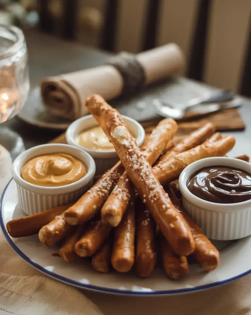 Pretzel sticks served with mustard, cheese dip, and chocolate sauce, garnished with coarse salt on a rustic plate.