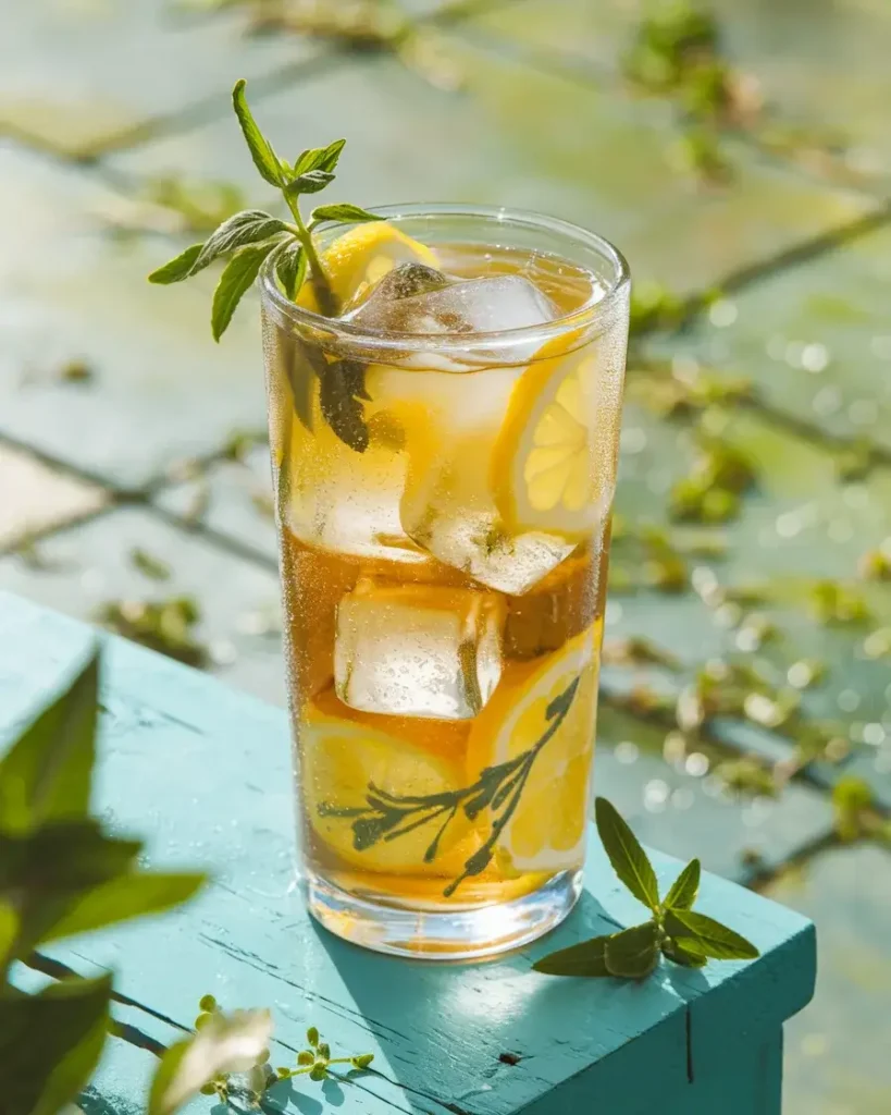 Tall glass of iced lemon balm tea with lemon slices, ice cubes, and sprigs of fresh lemon balm.