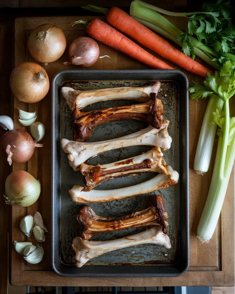 Roasted soup bones with caramelized edges, surrounded by fresh onions, carrots, celery, and garlic cloves, ready for broth preparation.