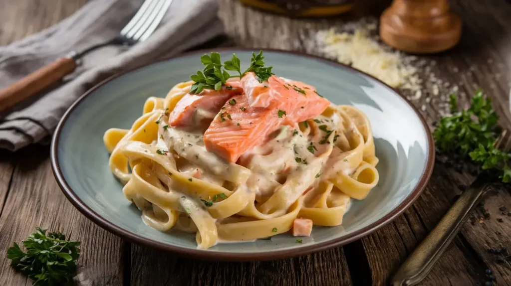 A plate of Salmon Alfredo Pasta with creamy sauce, flaky salmon, and fresh parsley garnished on a rustic wooden table.