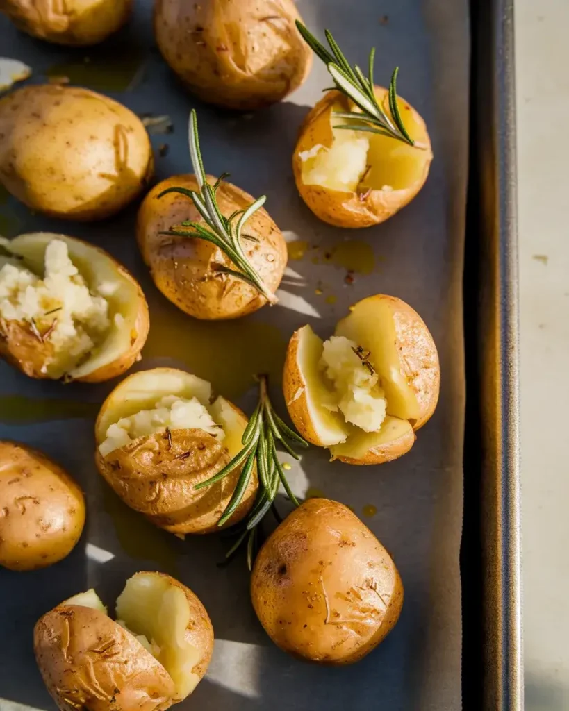 Smashed baby potatoes seasoned with rosemary, garlic, and olive oil on parchment paper, ready for the air fryer.