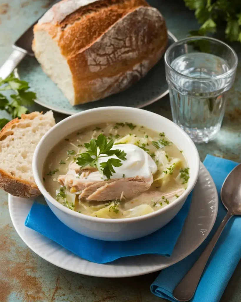 A bowl of chicken cabbage soup garnished with parsley and sour cream, served with bread.