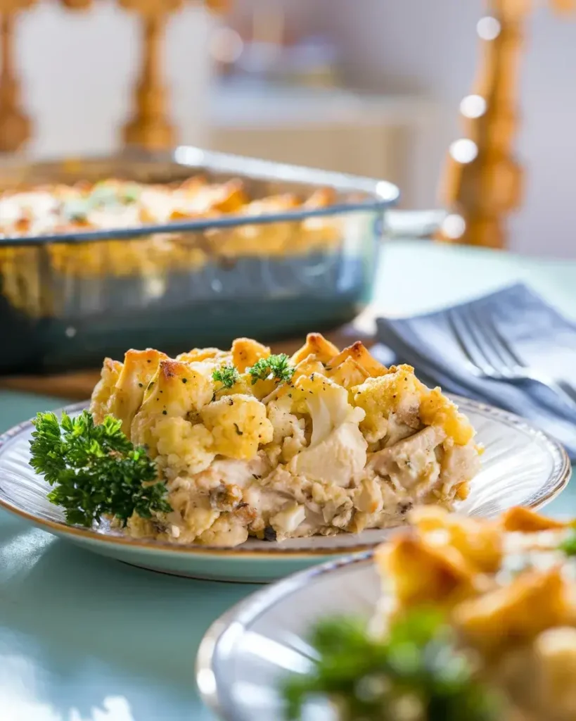 A slice of chicken cauliflower casserole served on a white plate, garnished with parsley.