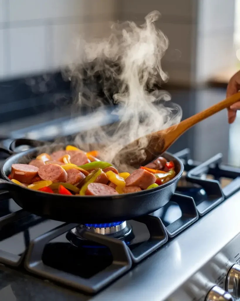 Andouille sausage, bell peppers, and onions sizzling in a skillet with steam rising and a wooden spoon stirring.