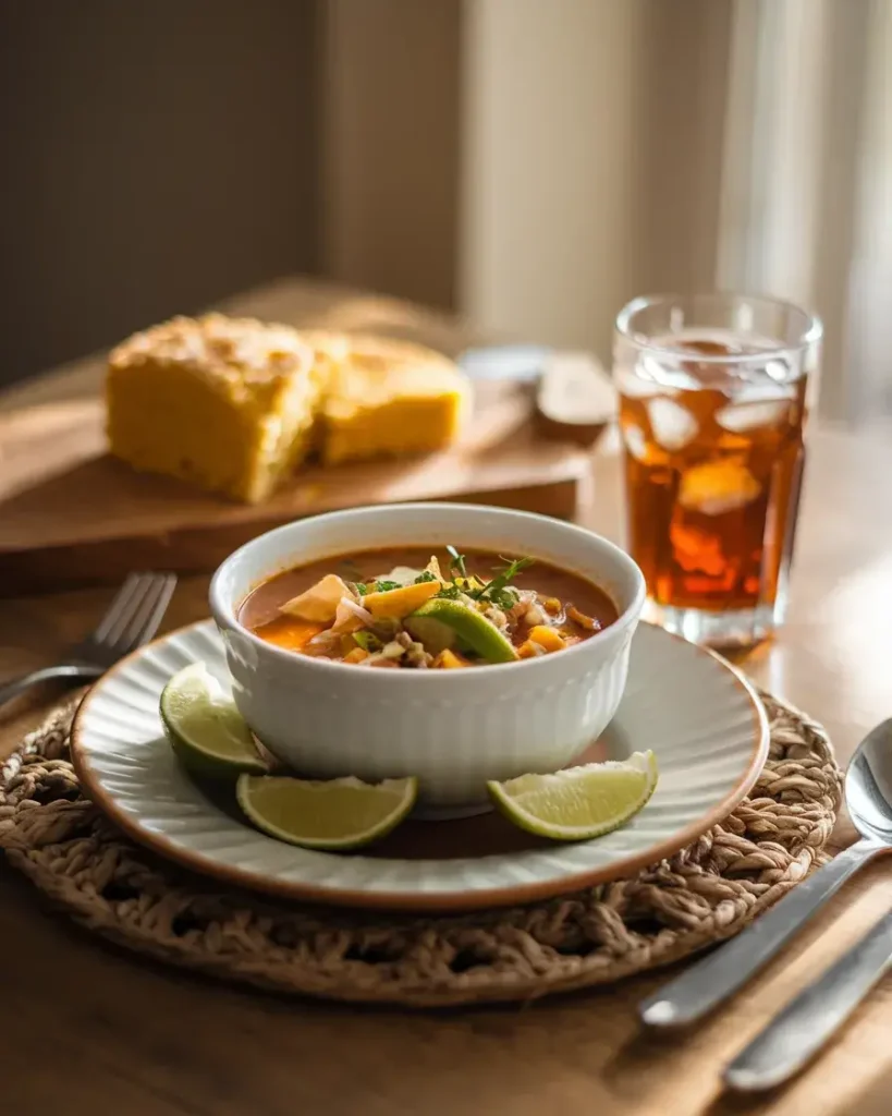 A bowl of 5 Ingredient Taco Soup served with cornbread and iced tea on a cozy dining table.