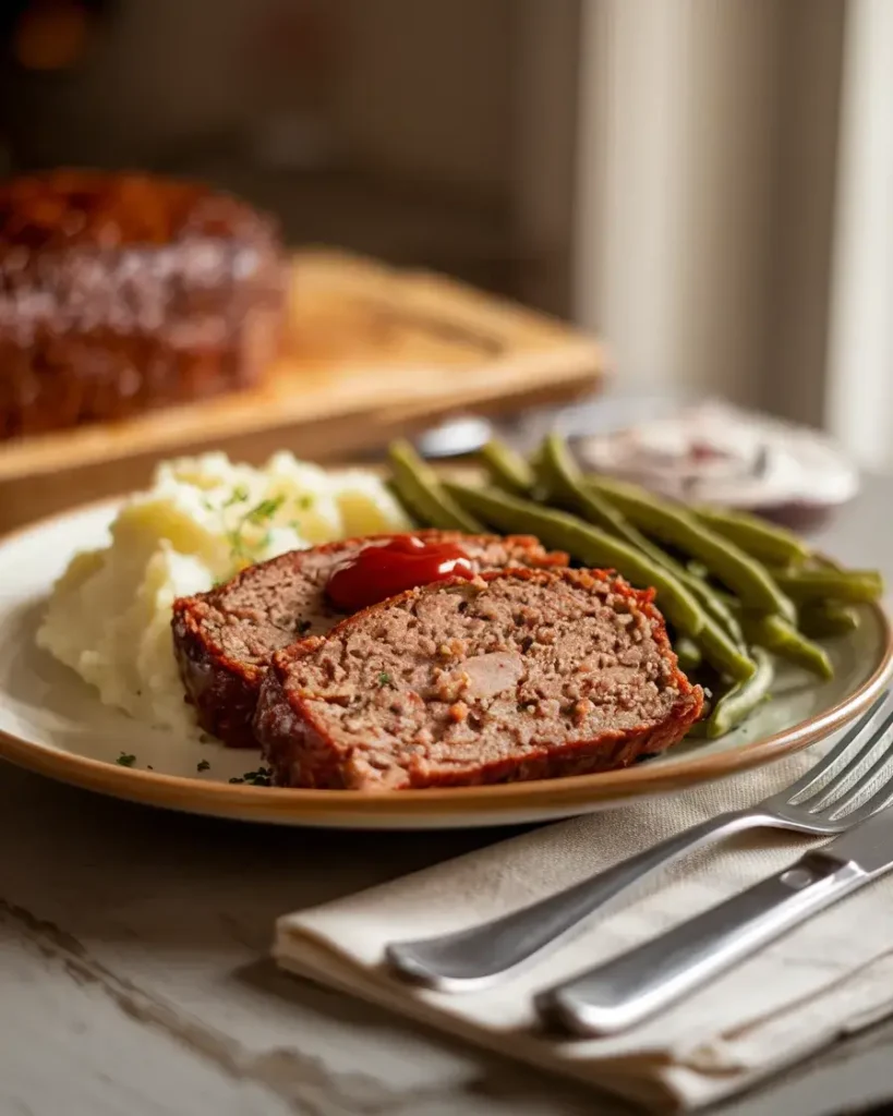 Plated slice of Lipton Onion Soup Meatloaf with mashed potatoes and green beans.