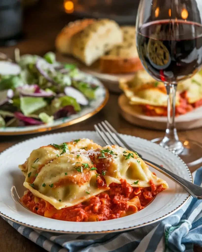 A serving of million dollar ravioli casserole with a fork, red wine, salad, and garlic bread.