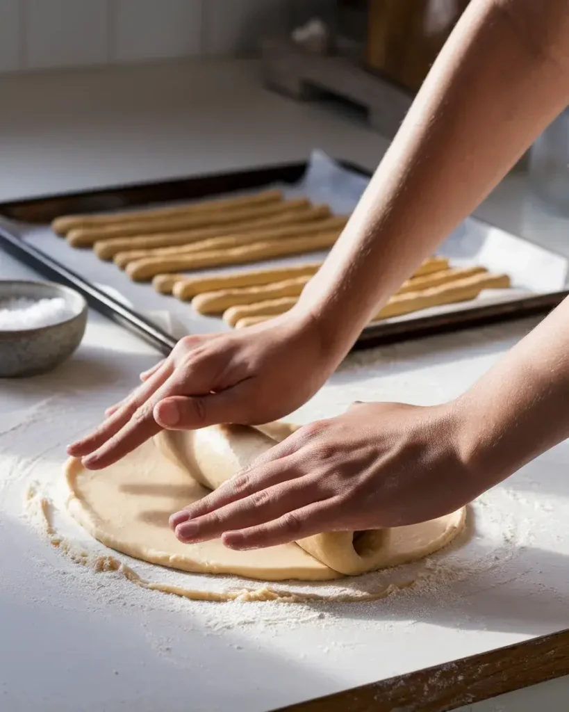 Hands rolling dough into strips for pretzel sticks, with a baking tray of unbaked sticks and a bowl of salt nearby.