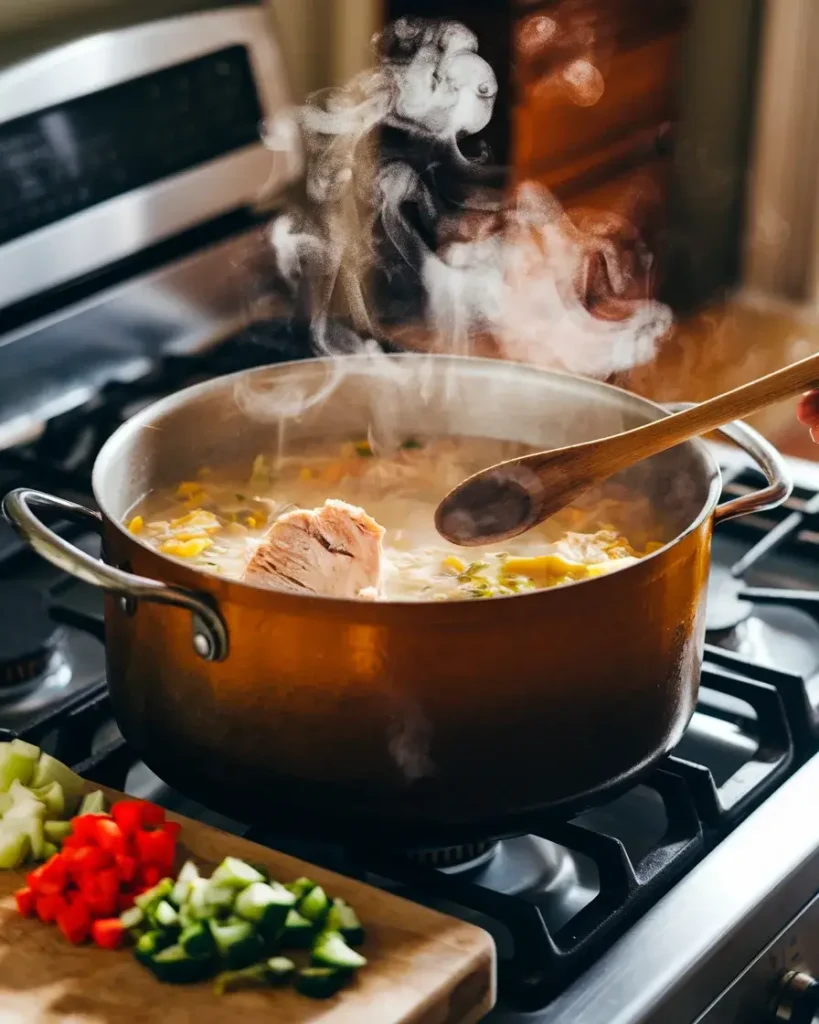 A pot of simmering Grandma’s Chicken Soup being stirred with a wooden spoon on a stove.