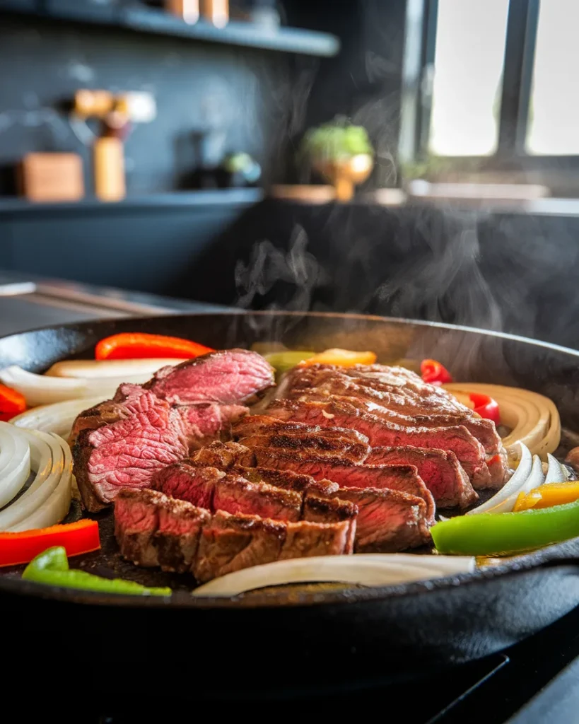 Thinly sliced steak sizzling with onions and peppers in a cast-iron skillet, creating a savory base for Philly Cheesesteak Pasta.Steak and vegetables sizzling in a skillet, building bold flavors for Philly Cheesesteak Pasta.