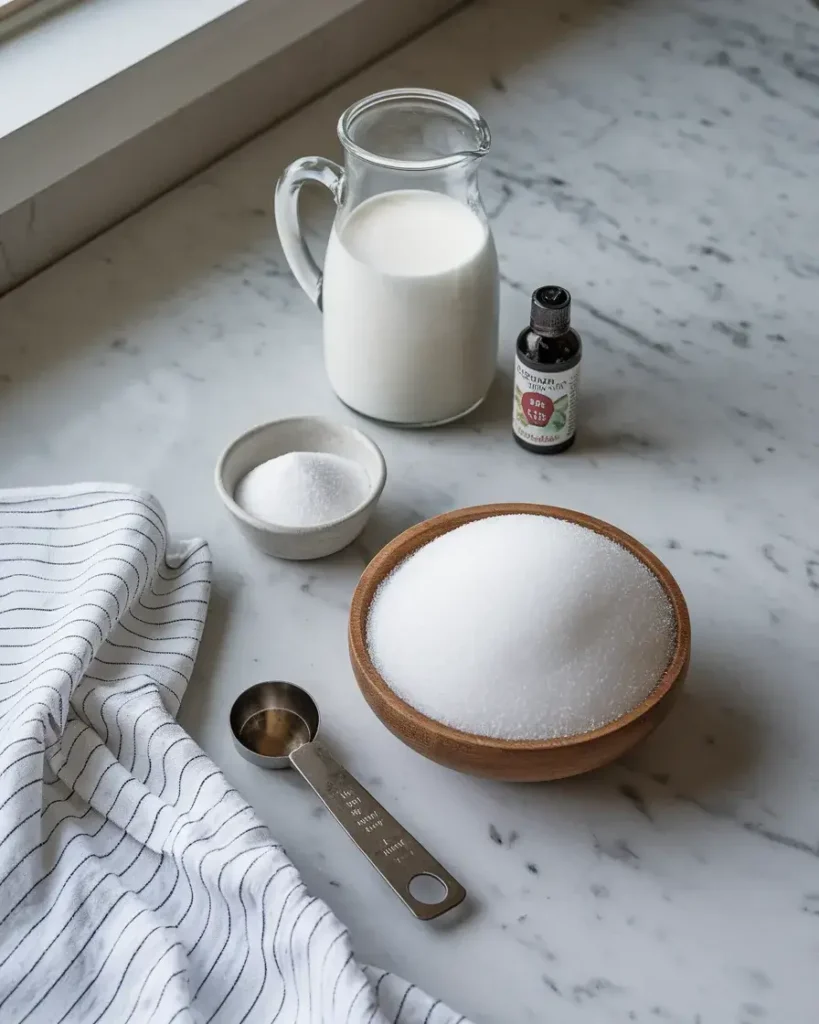 Snow cream ingredients including milk, sugar, vanilla, and fresh snow arranged on a marble surface.