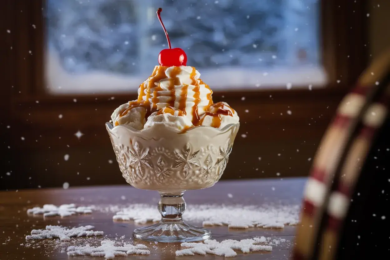 snow cream recipe topped with chocolate syrup and colorful sprinkles, placed on a bright counter with snow in the background.