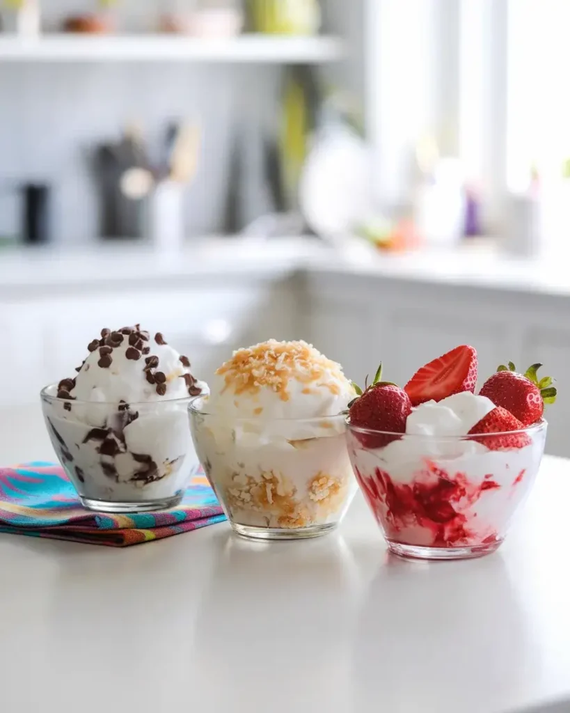 Three bowls of snow cream with different toppings: chocolate chips, coconut flakes, and fresh strawberries.