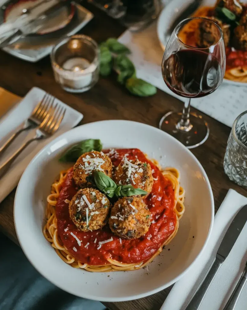 Spaghetti and marinara sauce served with crispy air-fried meatballs.