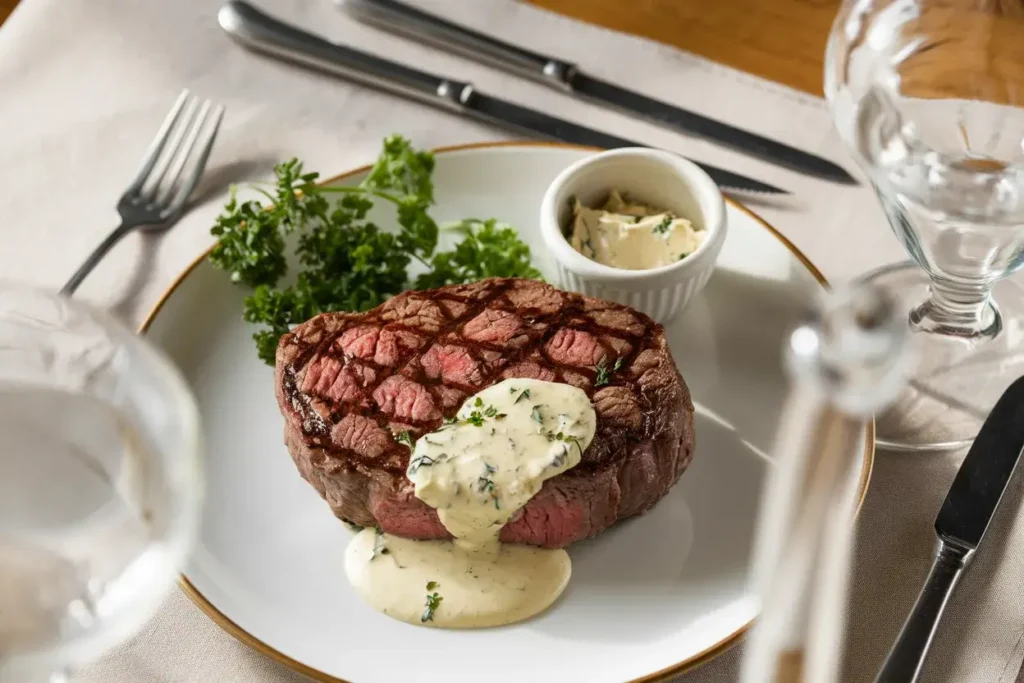 A tender steak topped with creamy Gorgonzola sauce and garnished with fresh parsley, served on a white plate.