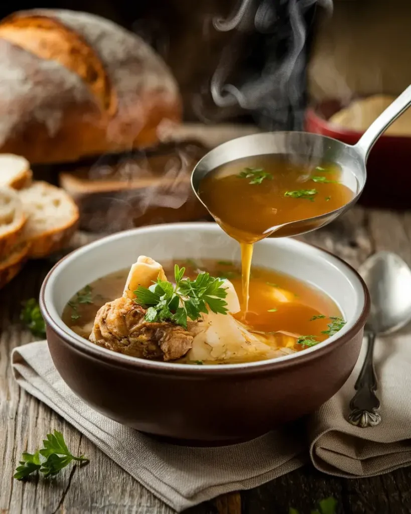 A bowl of steaming soup bones broth garnished with parsley, with a ladle pouring the golden liquid and rustic bread in the background.