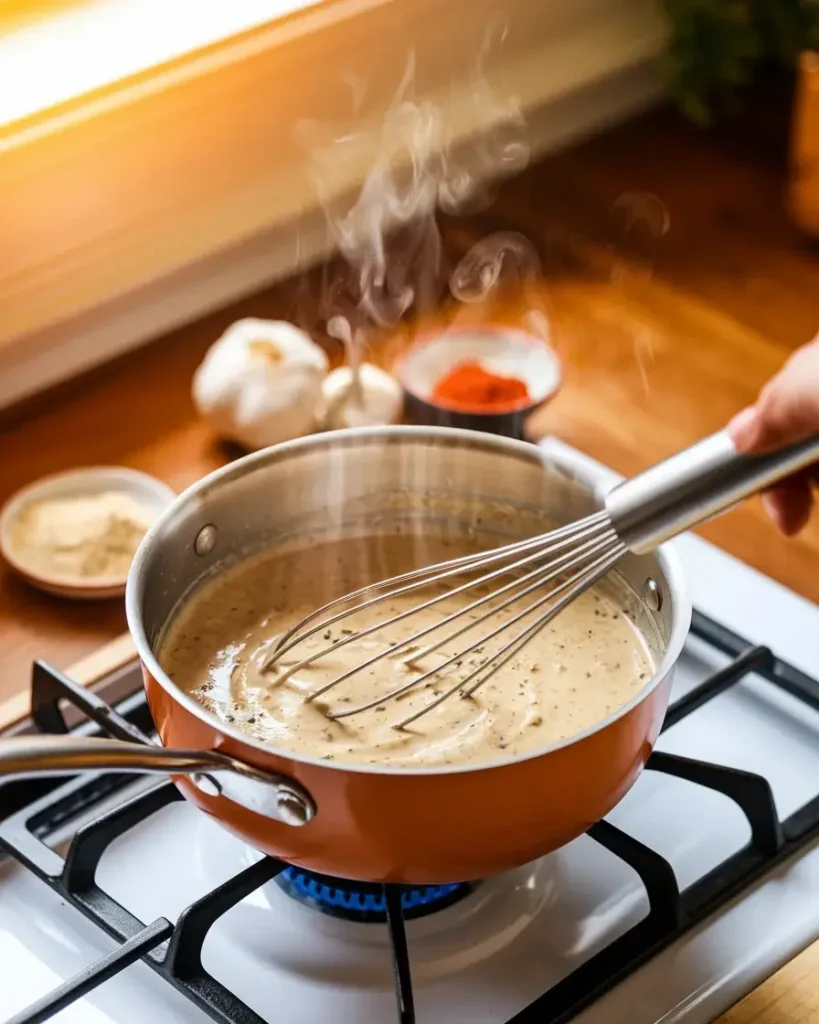 A saucepan of Cajun Alfredo Sauce being whisked on a stove with steam rising and spices nearby.