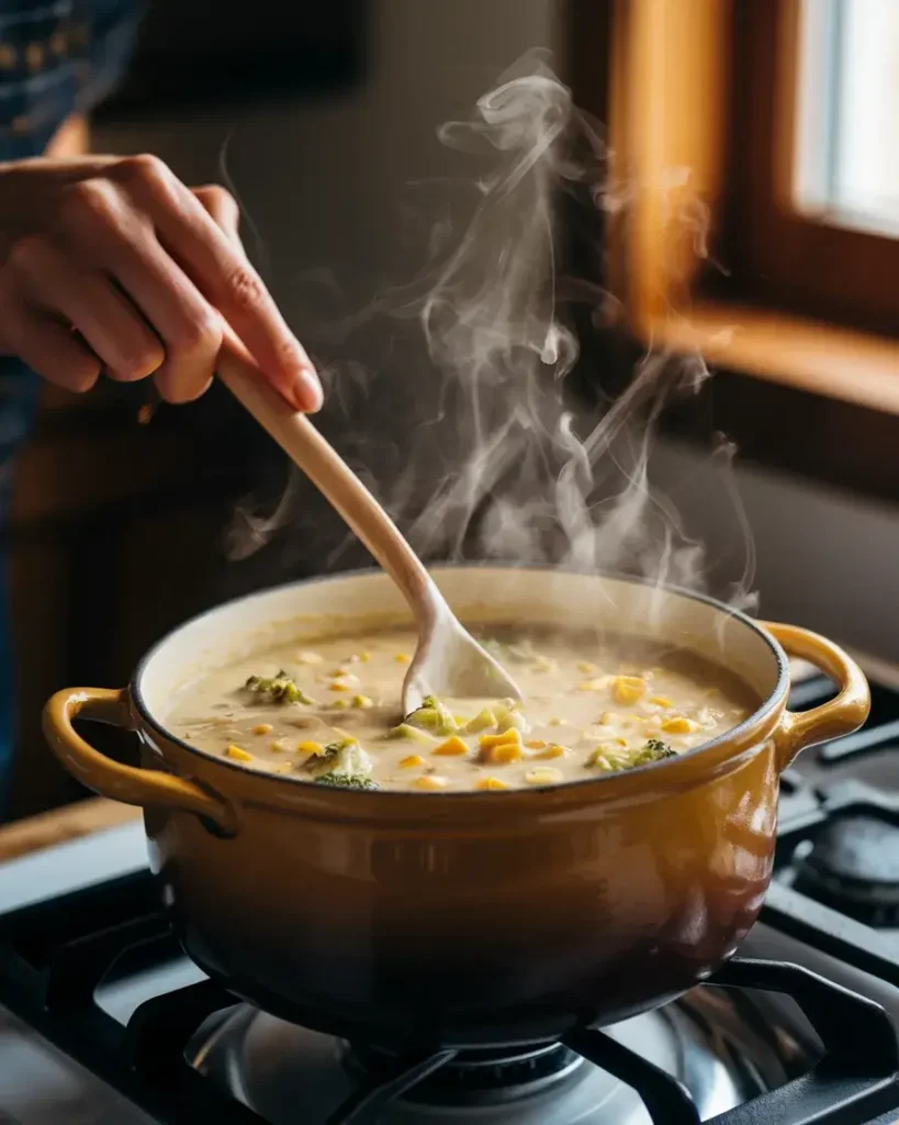 Vegan Broccoli Cheddar Soup being stirred in a pot with a wooden spoon.