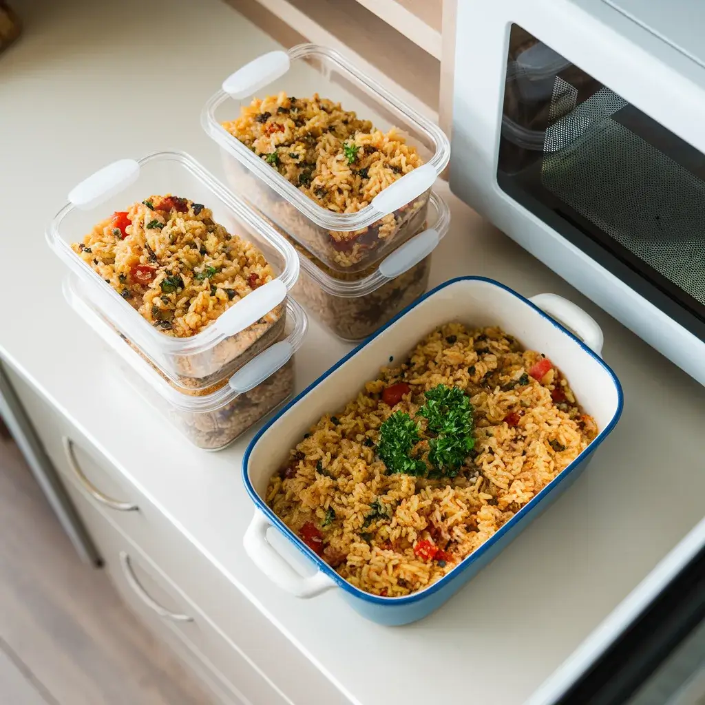 Airtight containers of Texas Roadhouse seasoned rice for storage and reheating.