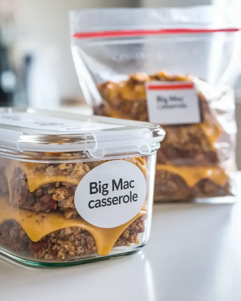 Leftover Big Mac Casserole stored in a labeled glass container.