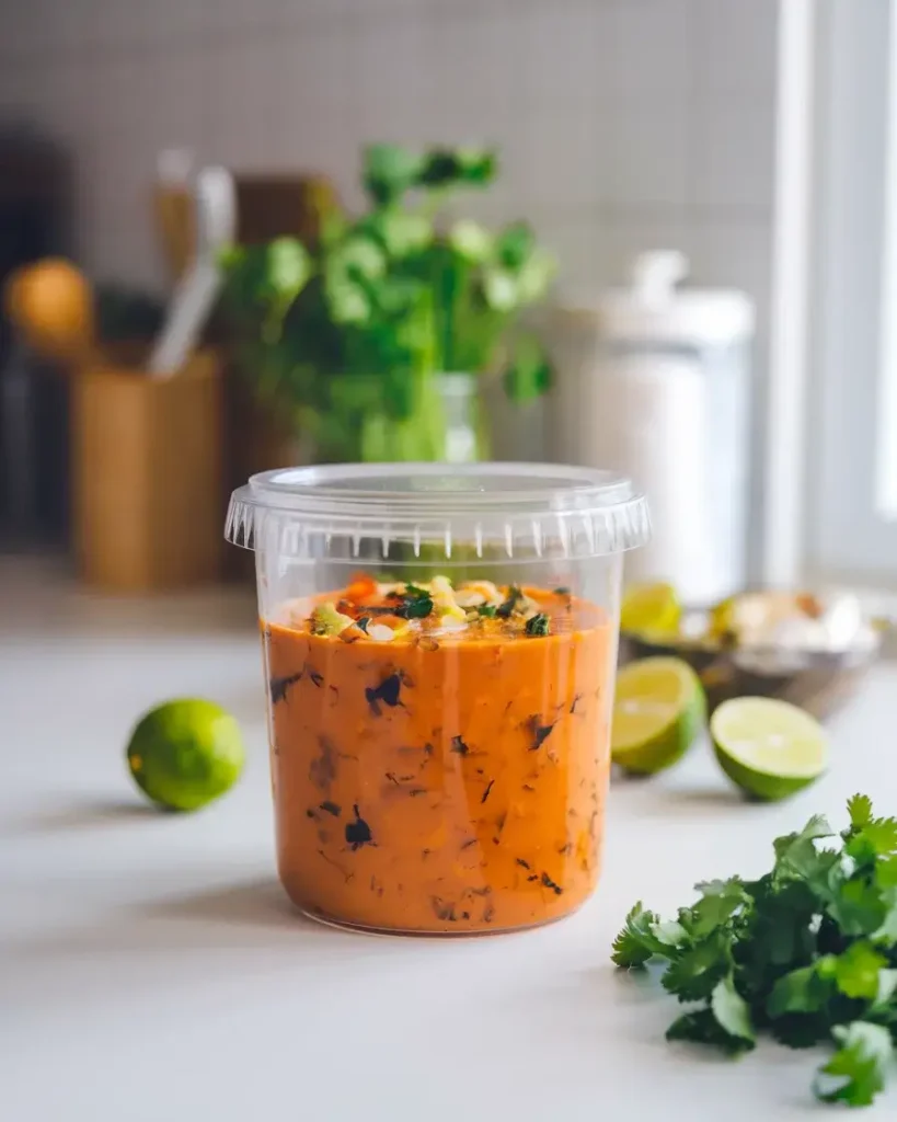 A container of 5 Ingredient Taco Soup sealed for freezing, with lime and cilantro nearby on a clean kitchen counter.