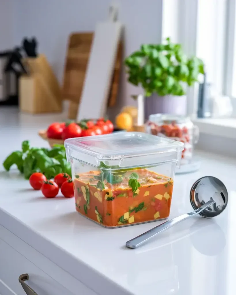 A container of Vegetarian Lasagna Soup sealed for storage with fresh ingredients nearby.