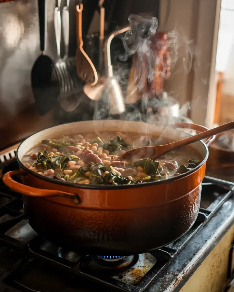 A pot of swamp soup simmering on the stove with turnip greens, beans, and smoked sausage, steam rising from the pot.