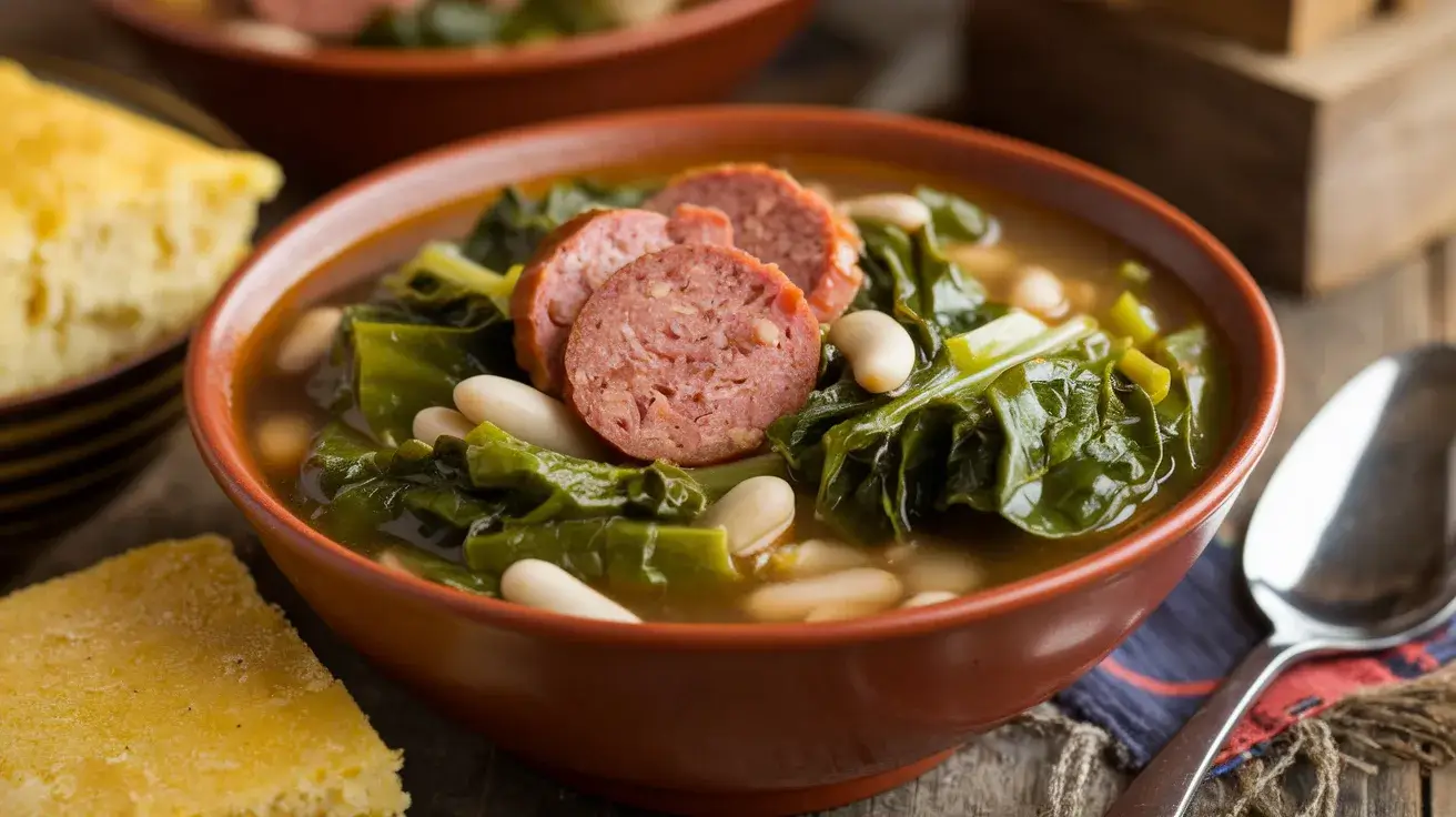 A bowl of swamp soup with turnip greens, white beans, and smoked sausage on a wooden table with cornbread.