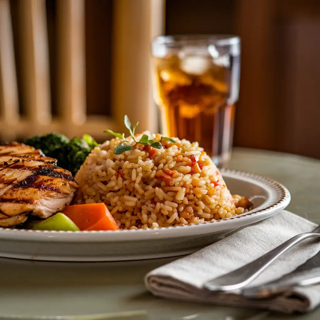 Plate of Texas Roadhouse seasoned rice with grilled chicken and vegetables.