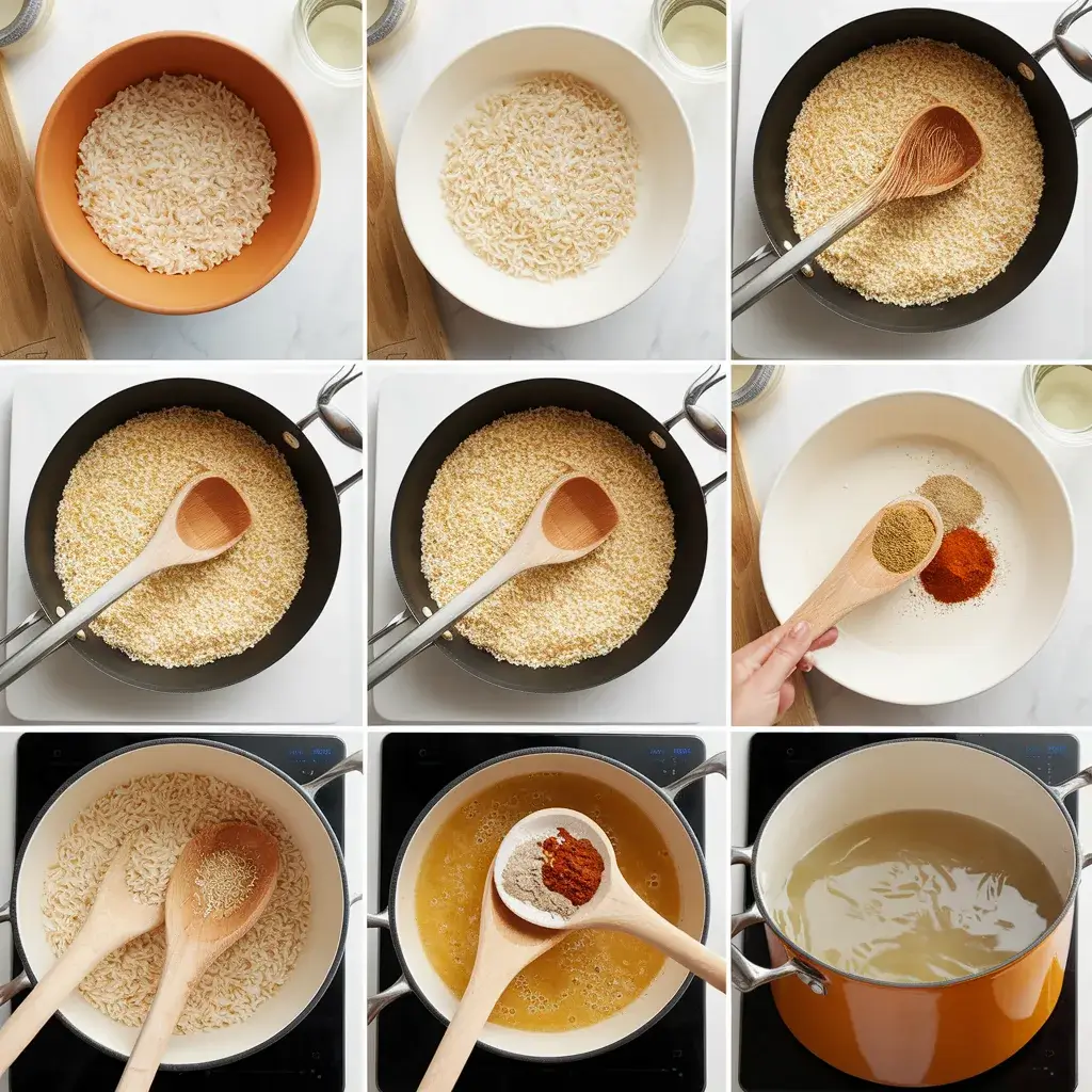 Step-by-step collage showing the process of making Texas Roadhouse seasoned rice.