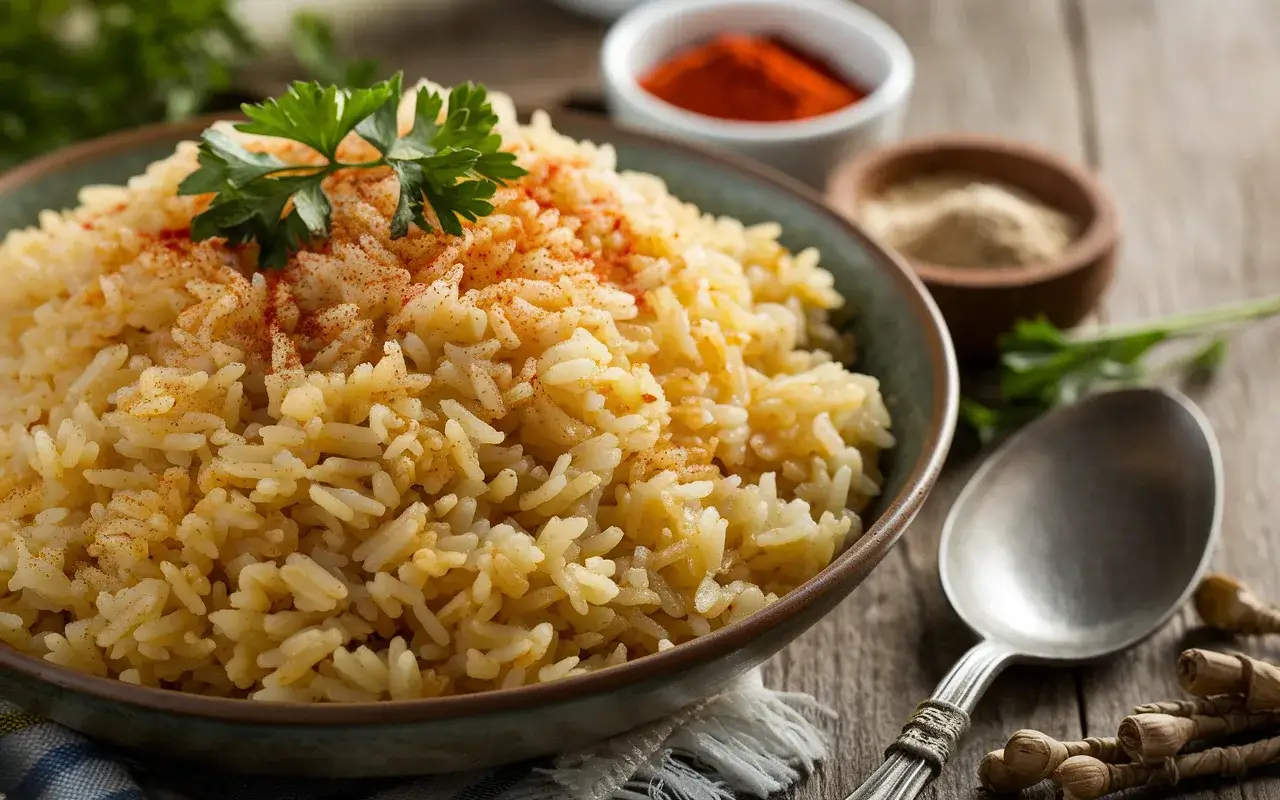 Bowl of Texas Roadhouse seasoned rice garnished with parsley and paprika.