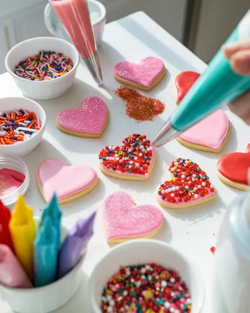 Valentine’s Day cookies being decorated with sprinkles and icing, surrounded by bowls of edible glitter and piping bags.