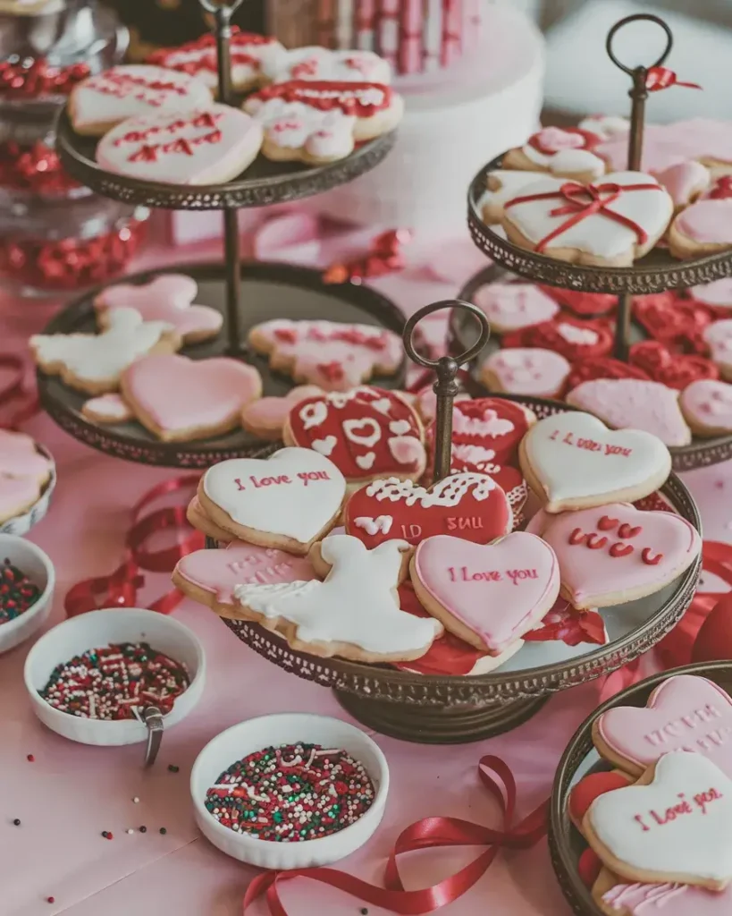 A dessert table with tiered stands displaying beautifully decorated Valentine’s Day cookies at a festive party.