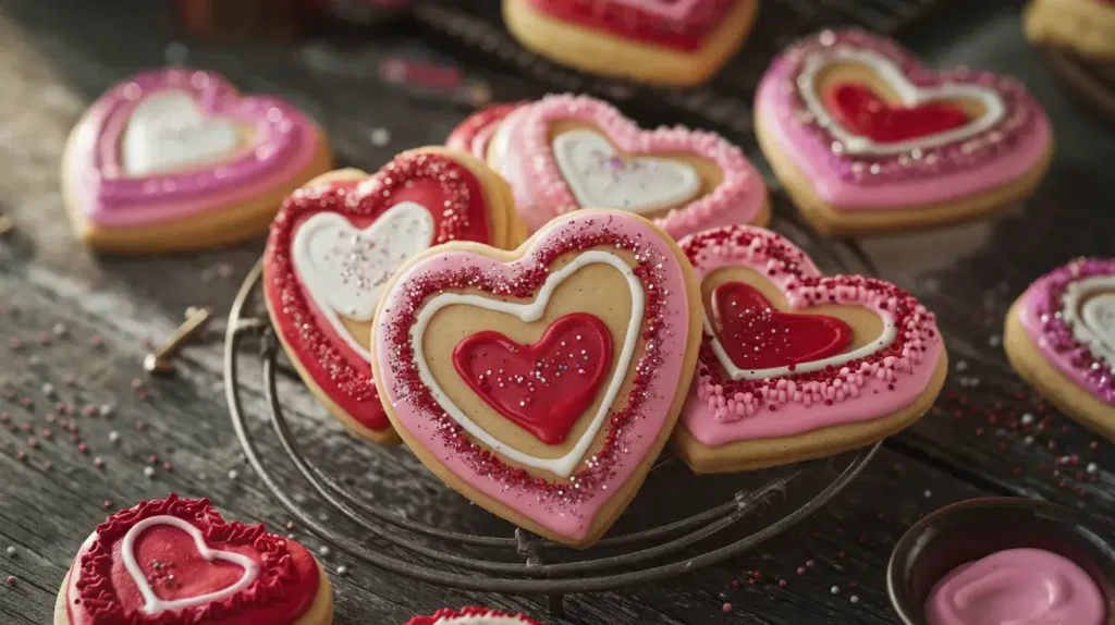 Valentine's Day Cookies Heart-shaped Valentine’s Day cookies decorated with red, pink, and white icing, placed on a rustic wooden table with sprinkles scattered around.