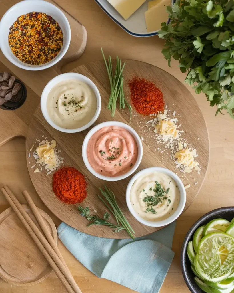 Three bowls of Cajun Alfredo Sauce variations: spicy, cheesy, and healthy, surrounded by fresh ingredients.