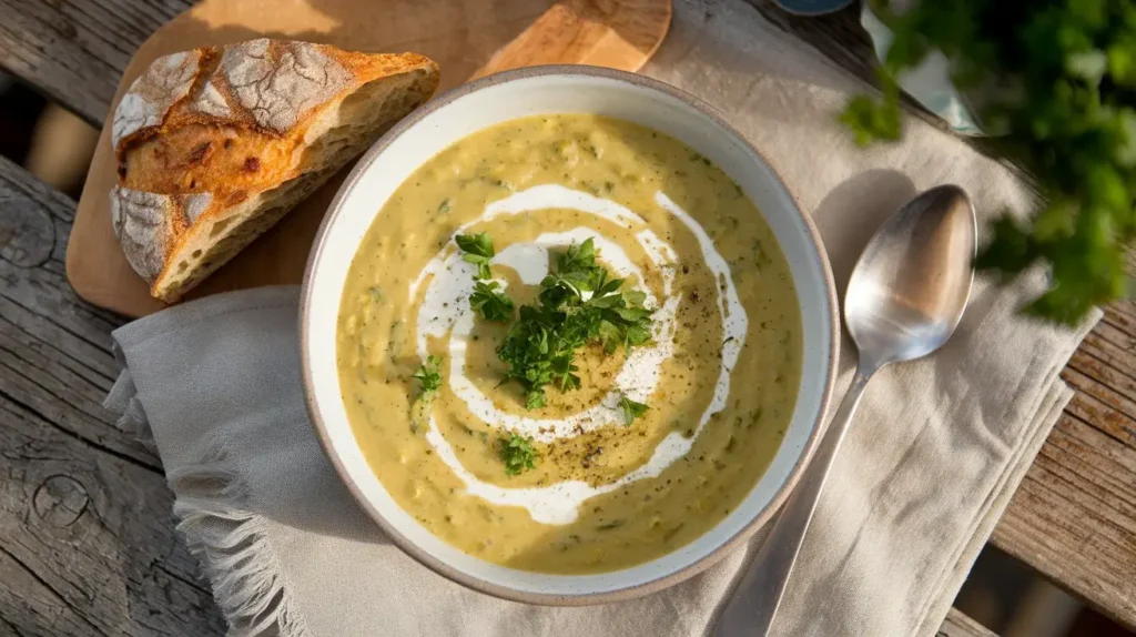 Creamy Vegan Broccoli Cheddar Soup served with crusty bread on a rustic wooden table.